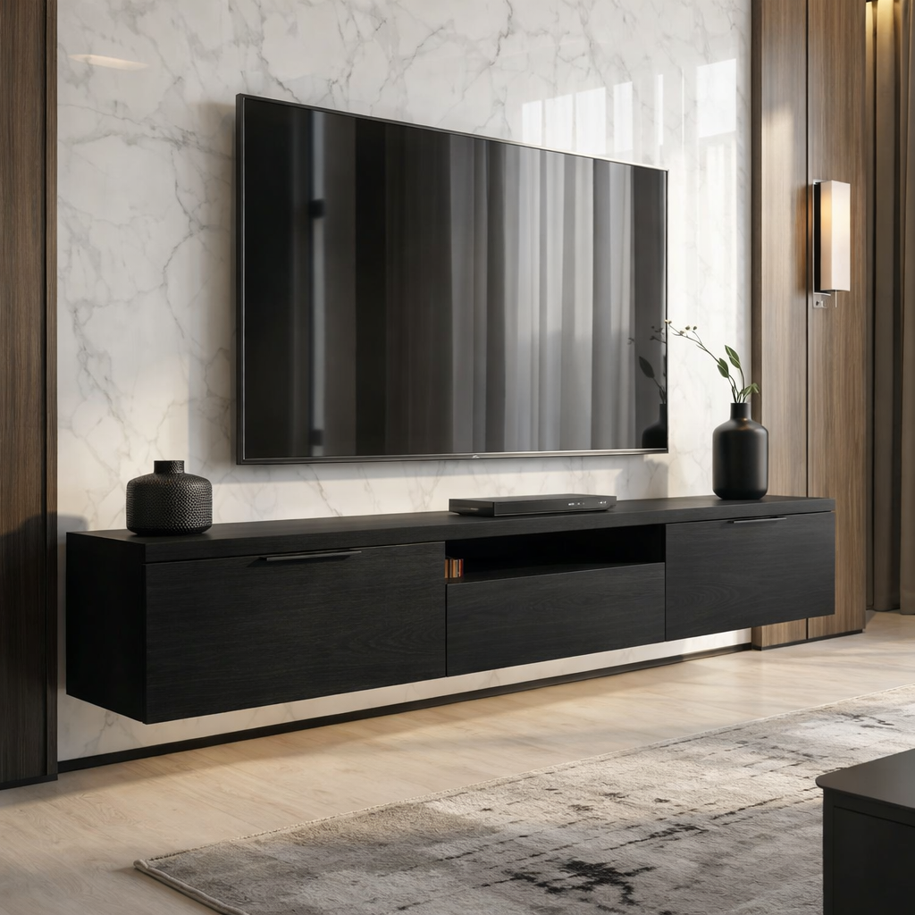 Floating Solid Wood TV Stand with Drawers – Modern Wall Mounted Media Console