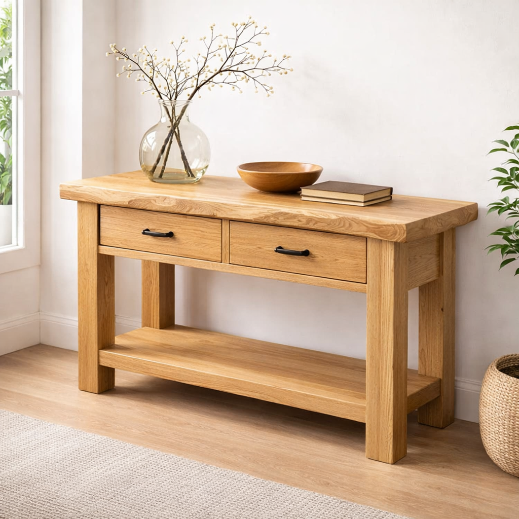 Solid Wood Console Table with Drawers and Shelf