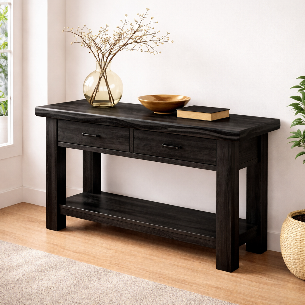 Solid Wood Console Table with Drawers and Shelf
