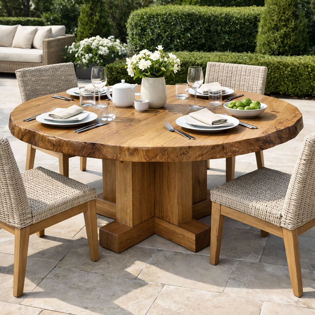 Round Live Edge Solid Wood Outdoor Dining Table with Cross Pedestal Base