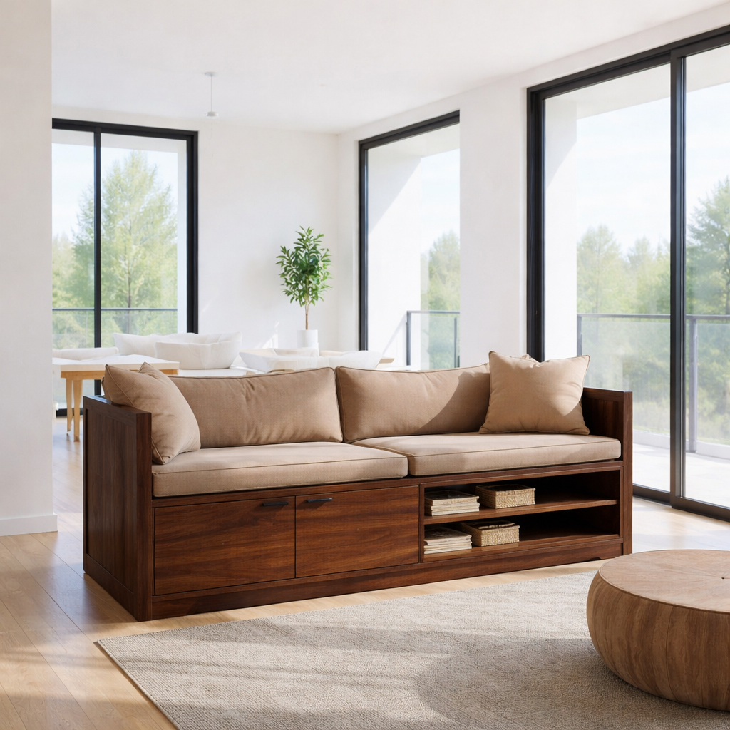 Solid Wood Storage Sofa – Modern Wooden Sofa with Drawer and Shelving