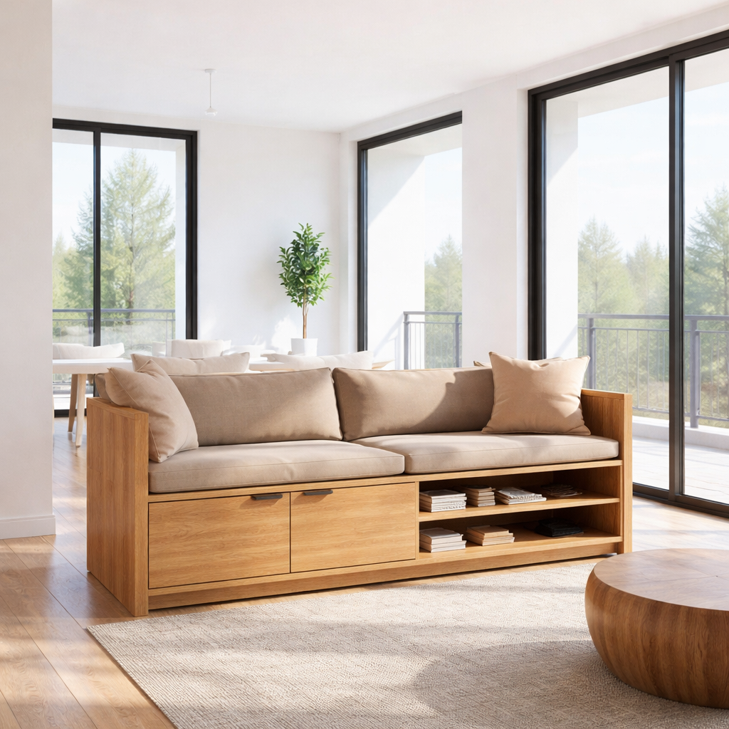 Solid Wood Storage Sofa – Modern Wooden Sofa with Drawer and Shelving