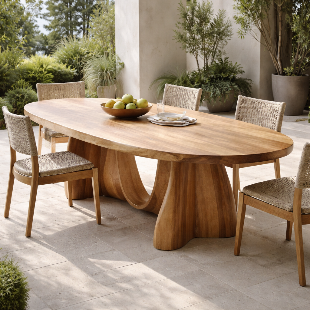 Oval Solid Wood Outdoor Dining Table with Sculptural Curved Pedestal Base