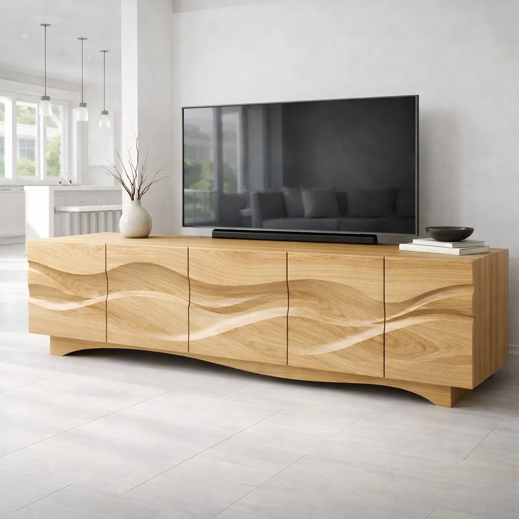 Luxury Walnut Wave TV Console – Sculpted Solid Wood Design