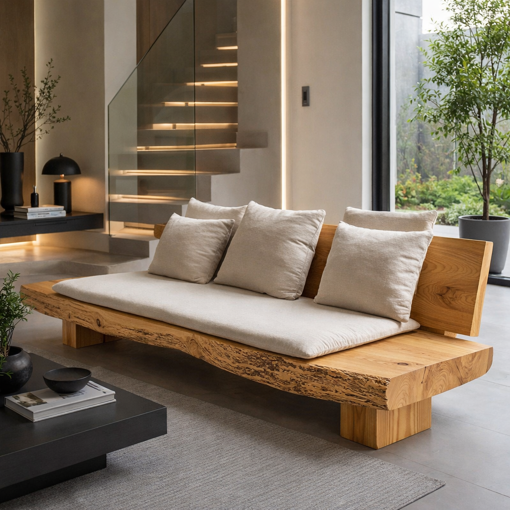 Live Edge Solid Wood Daybed, Rustic Organic Modern Sofa with Backrest