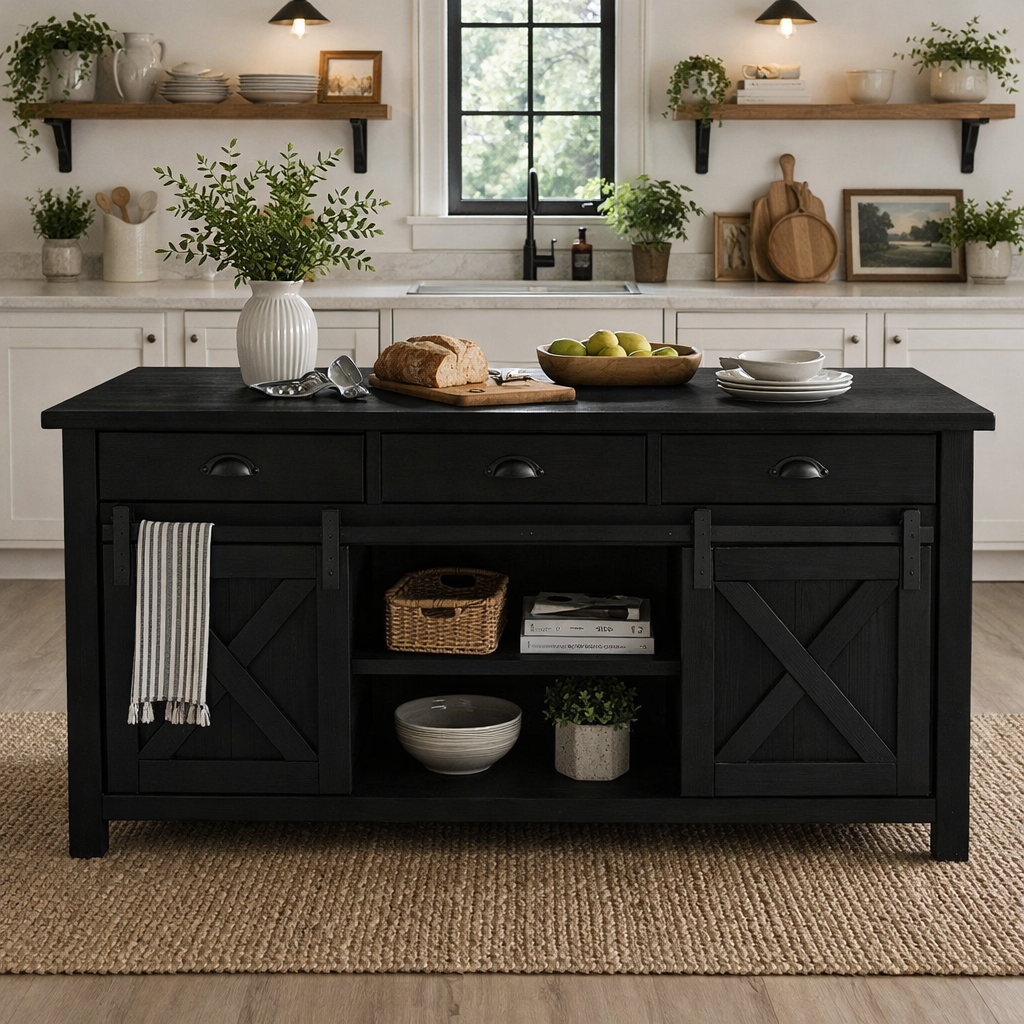 Solid Wood Kitchen Island with Sliding Barn Doors – Rustic Farmhouse Kitchen Table, Wooden Prep Island with Storage