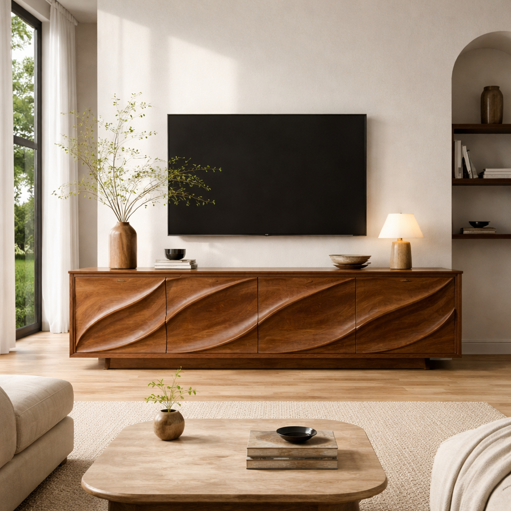 Solid Wood TV Stand with Carved Wave Front – Modern Luxury Media Console Cabinet