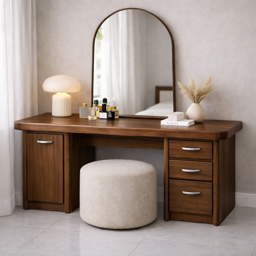 Solid Wood Makeup Vanity Desk with Side Cabinet and 3 Drawers, Modern Wooden Dressing Table
