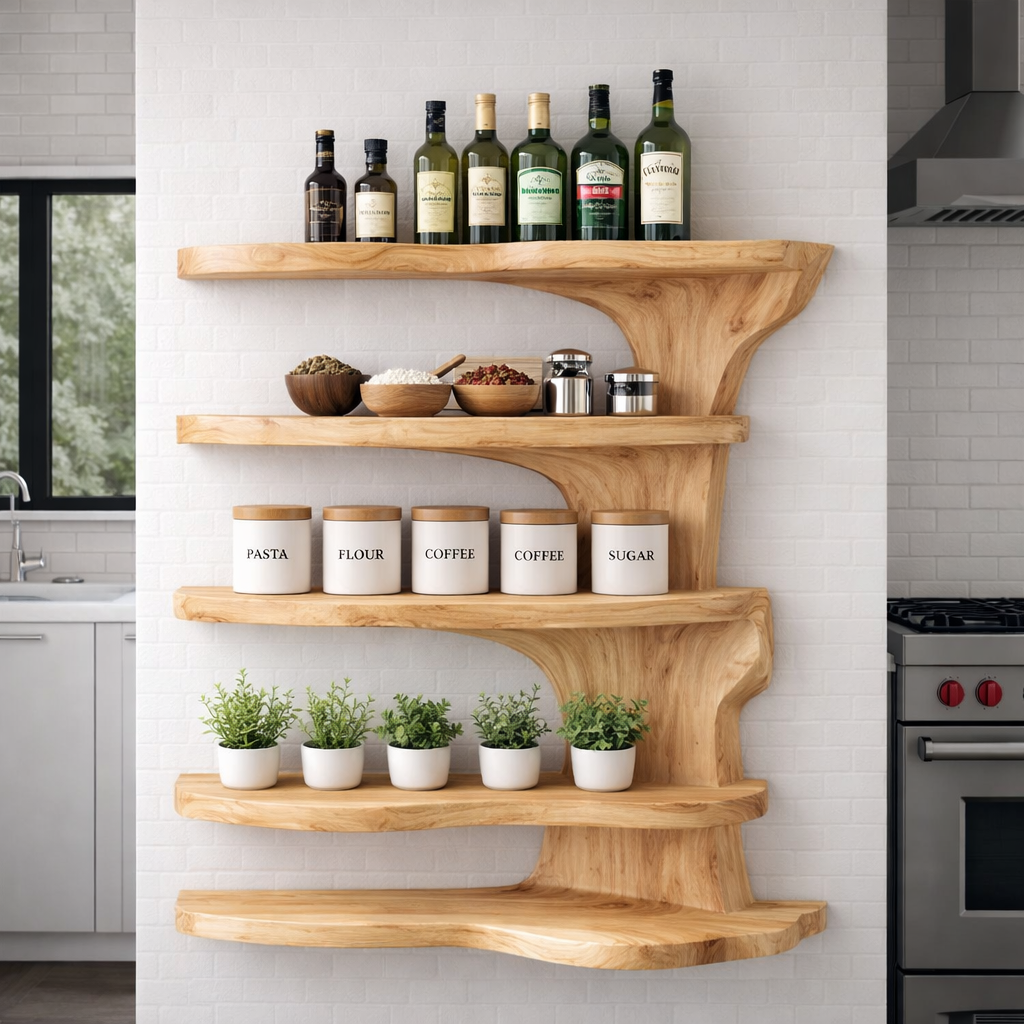 Solid Wood Live Edge Kitchen Cabinet Shelf – Organic Floating Wall Storage