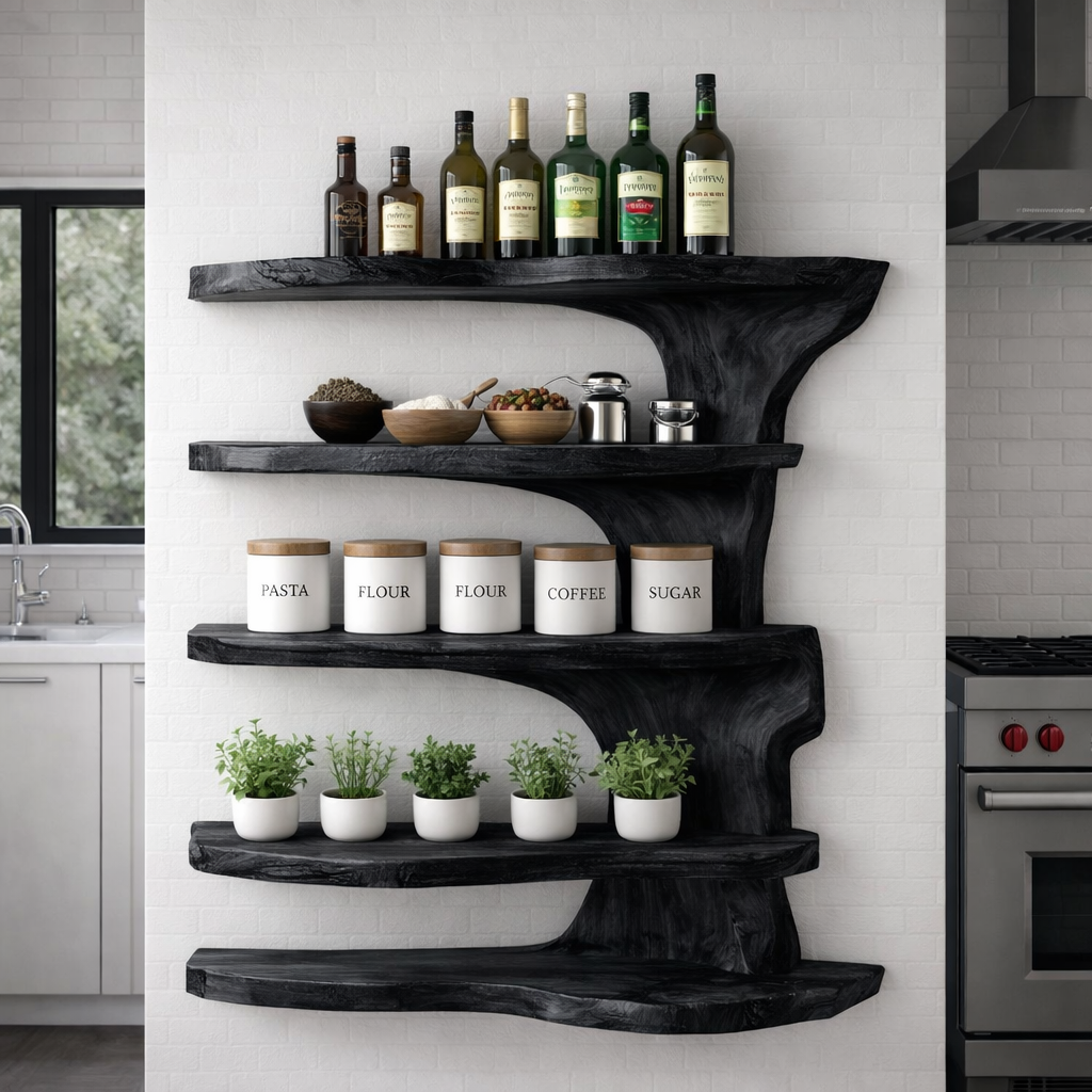 Solid Wood Live Edge Kitchen Cabinet Shelf – Organic Floating Wall Storage