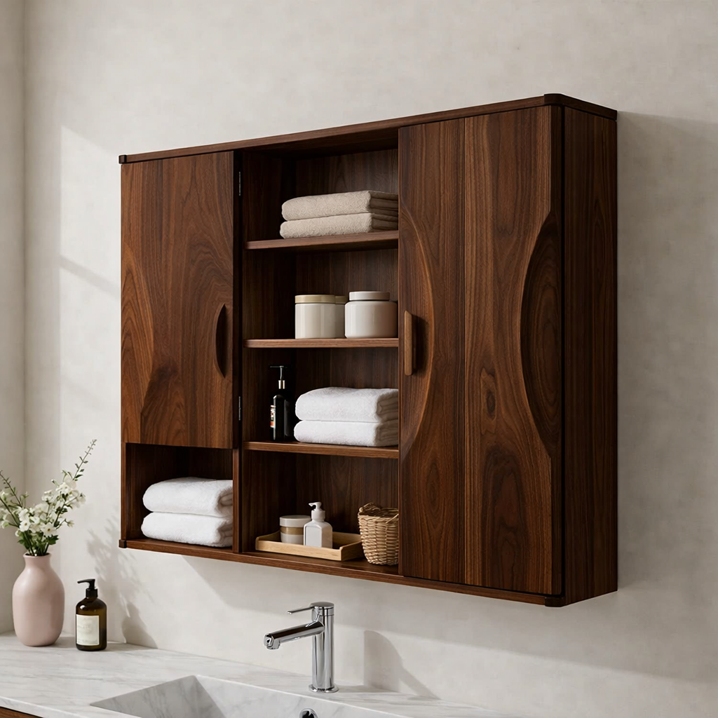 Solid Wood Floating Bathroom Cabinet with Double Doors & Open Shelves