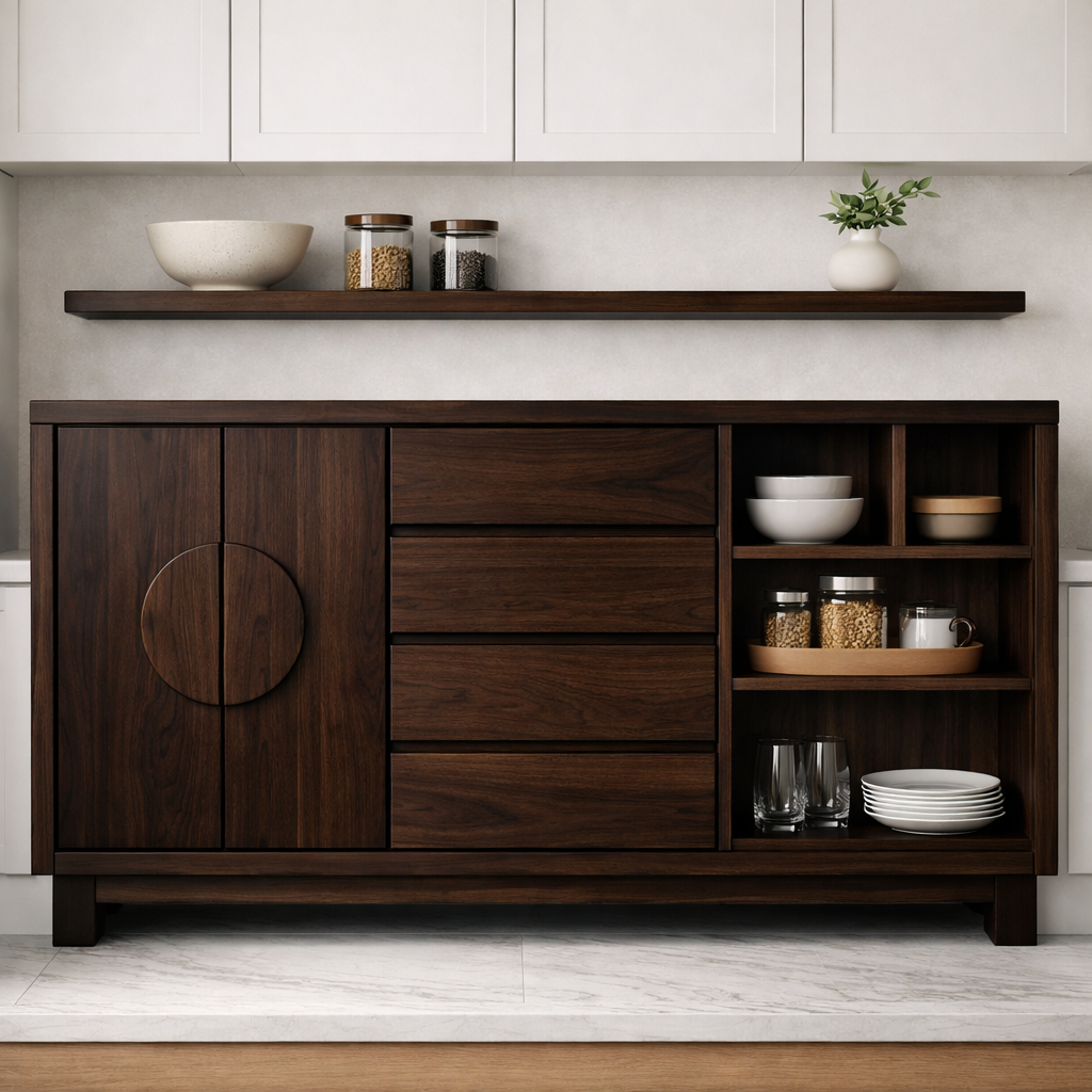 Solid Oak Kitchen Island with Round Handle Doors & Open Shelf Storage