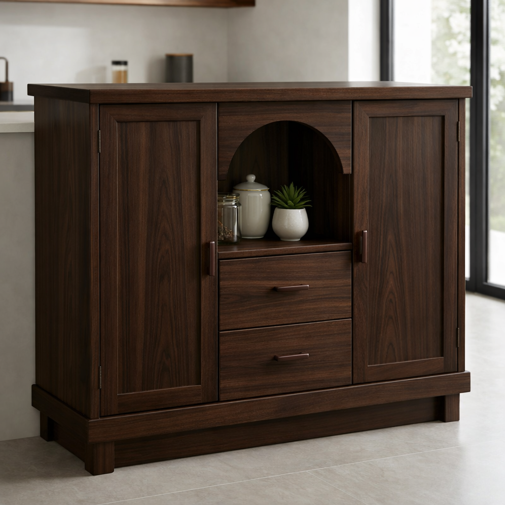 Solid Walnut Kitchen Island with Doors, Drawers & Arched Shelf