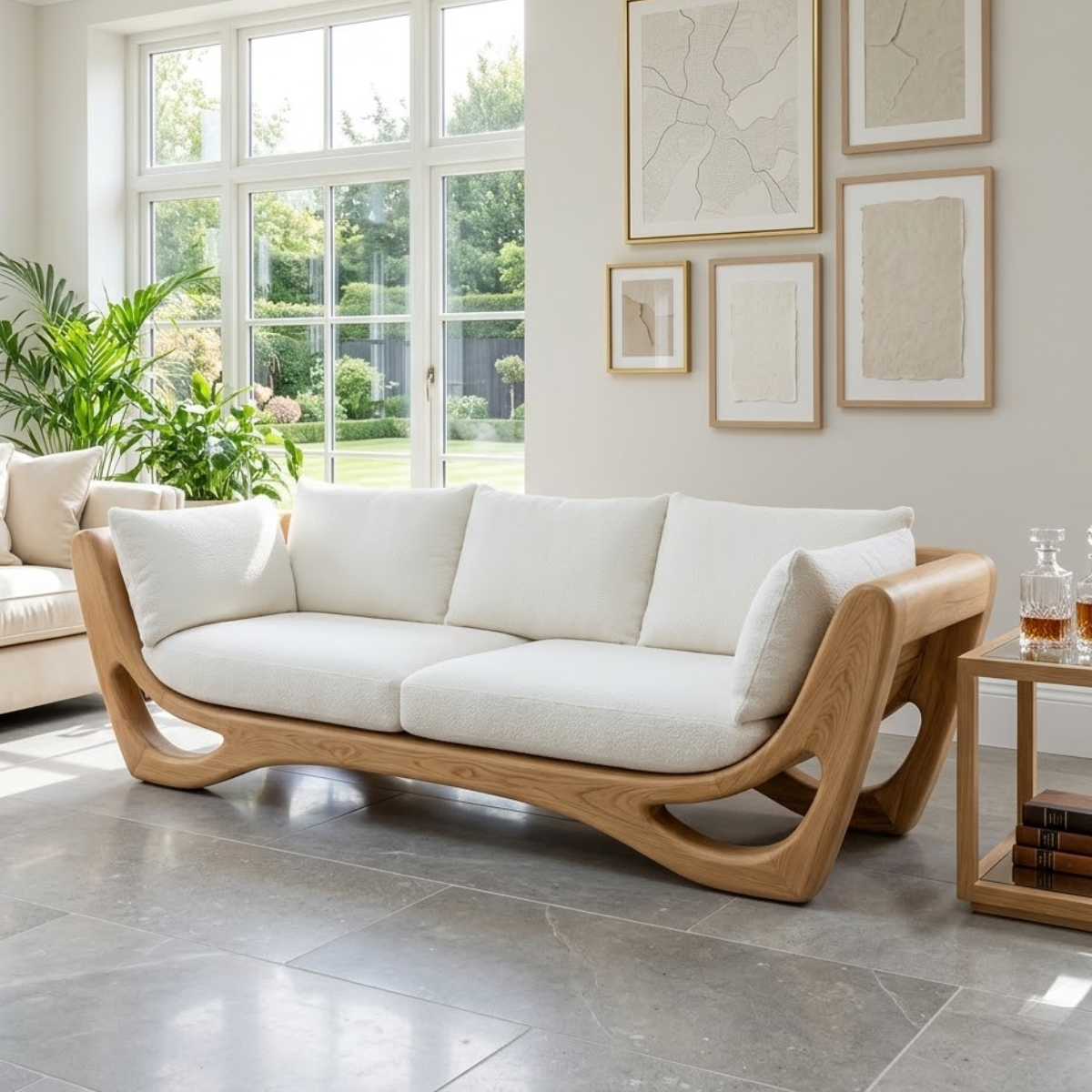 Modern Curved Wooden Sofa, Sculptural Minimalist Couch with Plush White Cushions