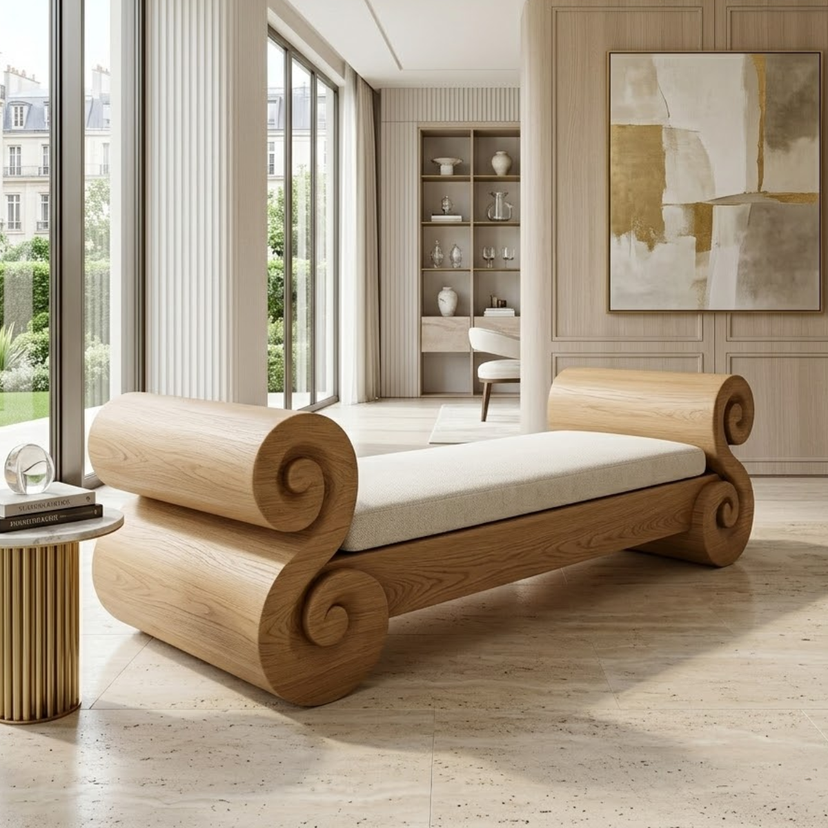 Scrolled End Bench Daybed, Sculptural Accent Seating for Elegant Modern Interiors