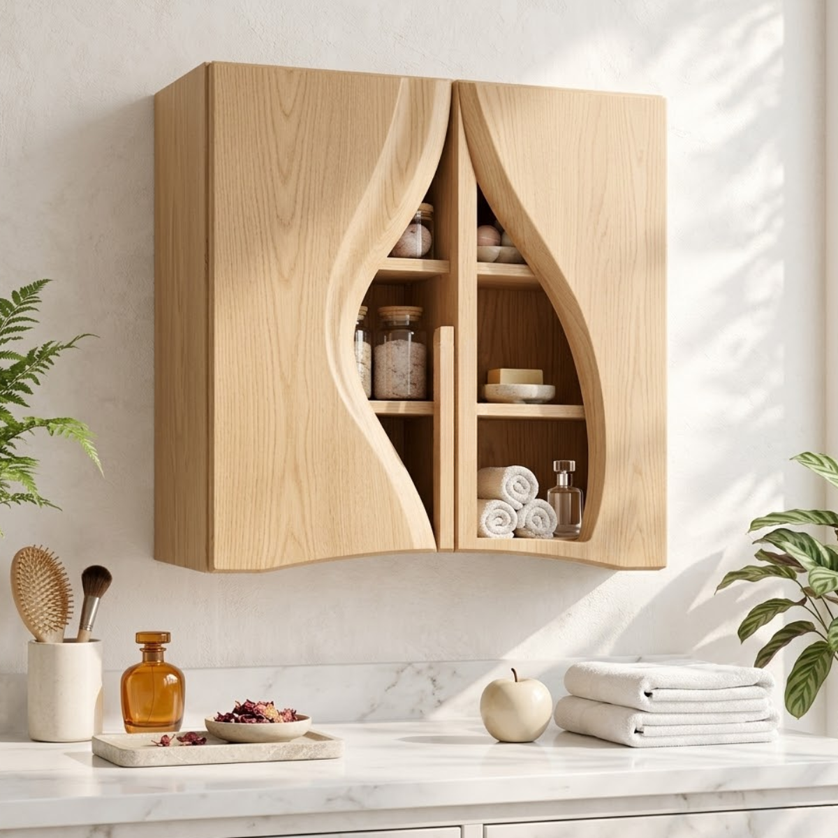 Floating Bathroom Cabinet, Modern Curved Wall Mounted Vanity Storage Organizer Unit