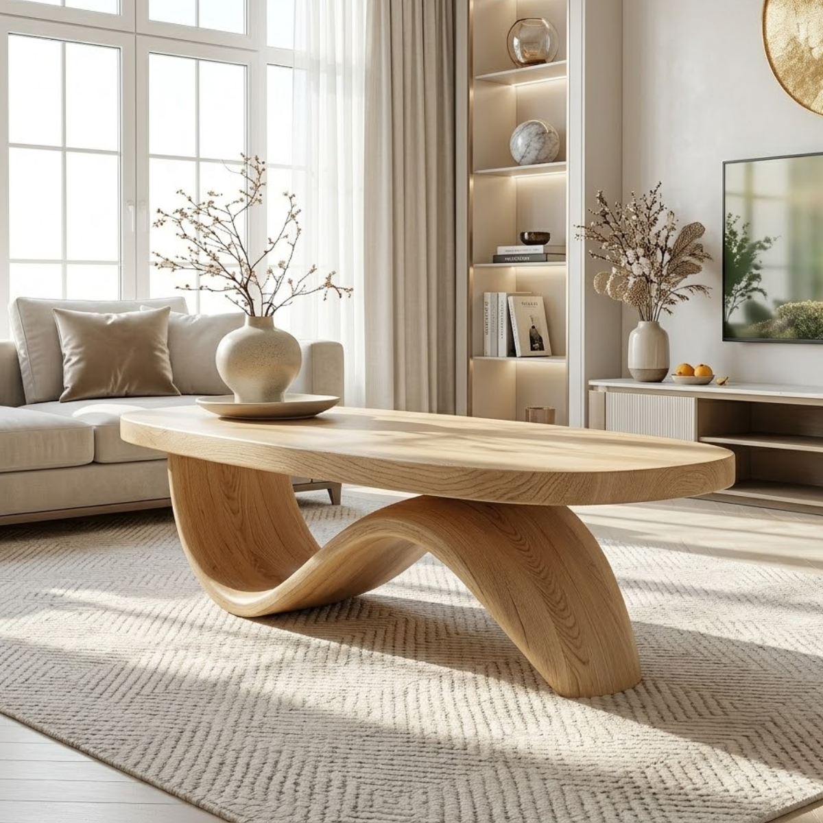 Elegant Wooden Coffee Table with Curved Wavy Design