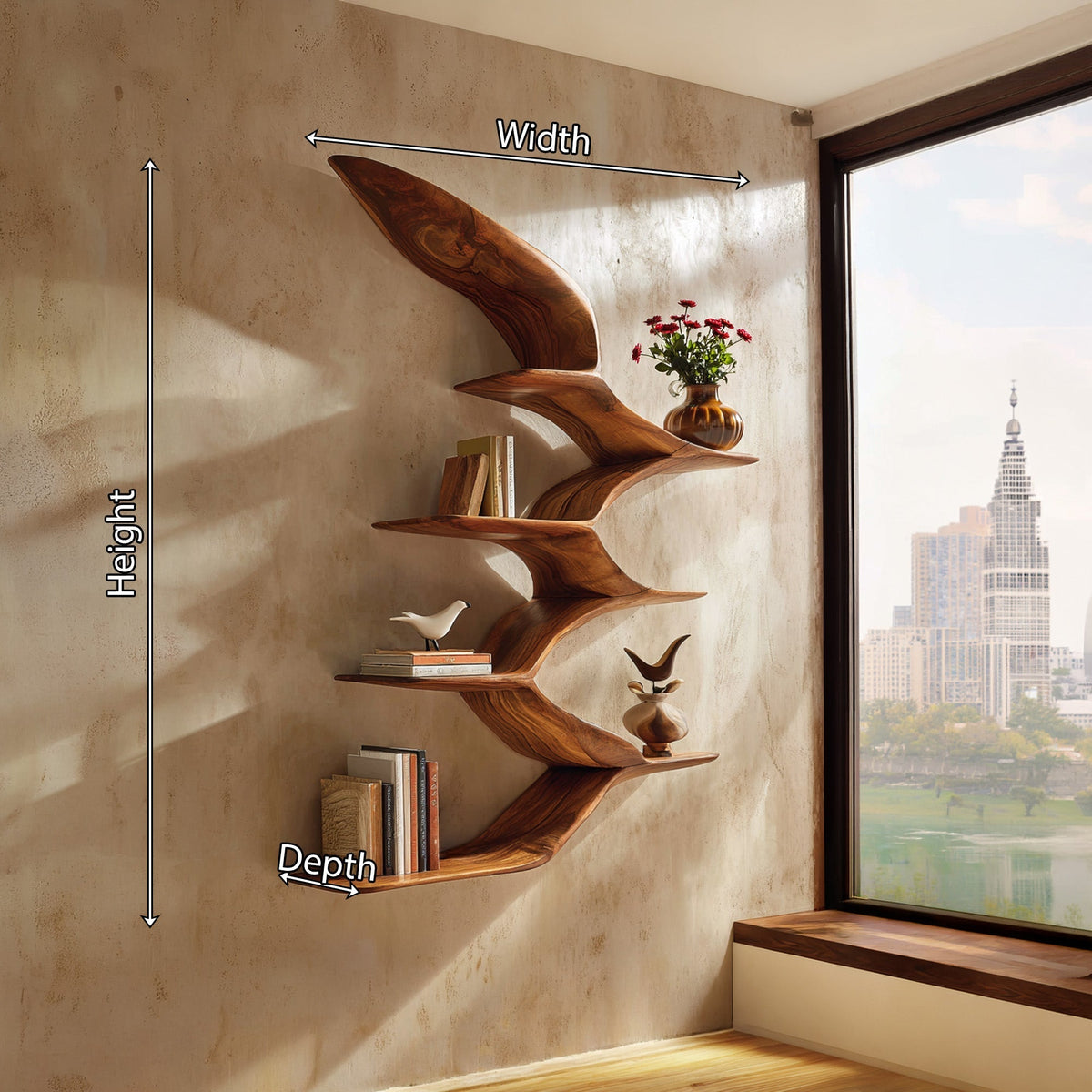 Wing Form Wood Wall Shelf With Curved Open Display