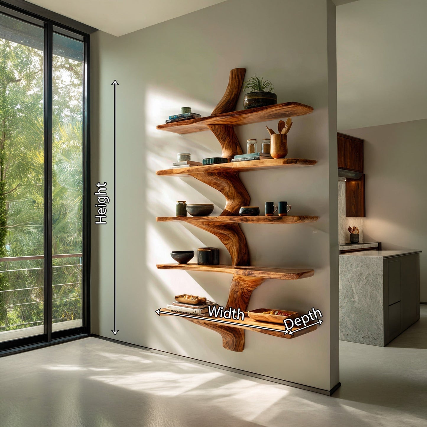 Organic Wood Kitchen Wall Shelf With Layered Display