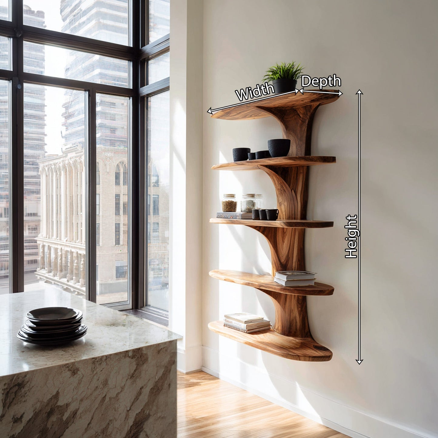 Vertical Wood Kitchen Wall Shelf With Open Display