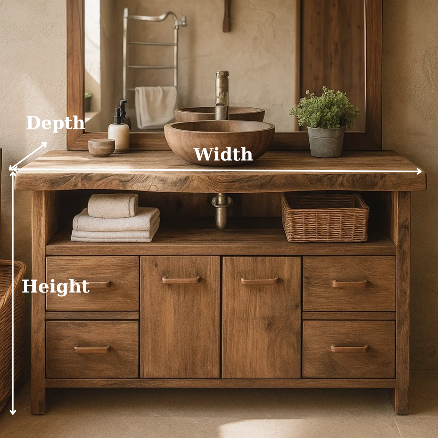 Solid Wood Live Edge Double Bathroom Vanity with 6 Drawers and Double Cabinet Doors for Modern Farmhouse Bathrooms