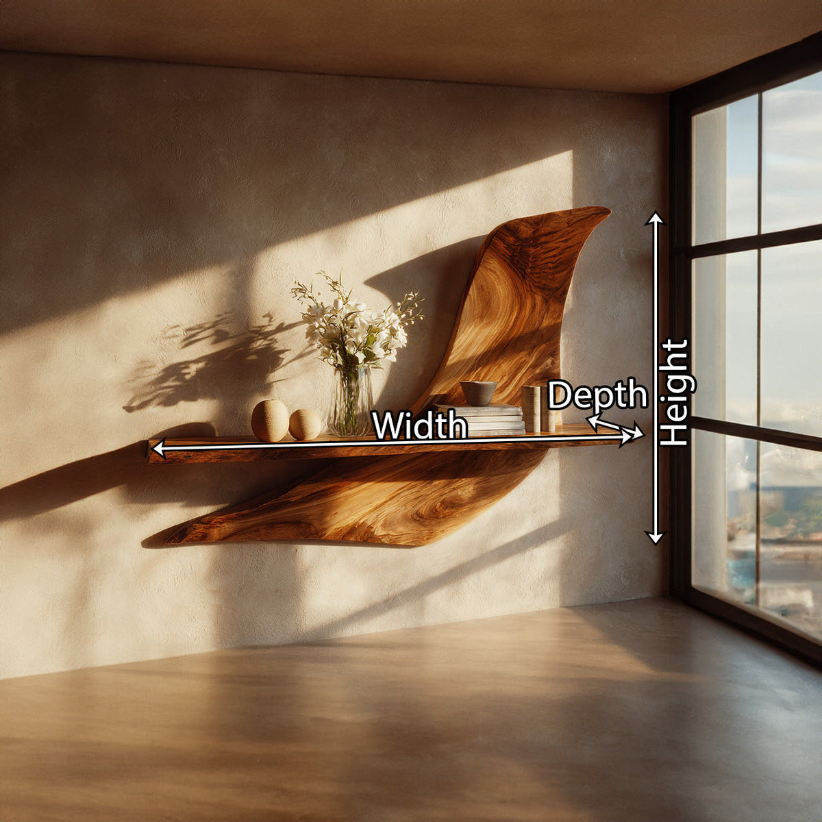 Asymmetrical Wall-Mounted Shelf in Natural Wood with Sculptural Form