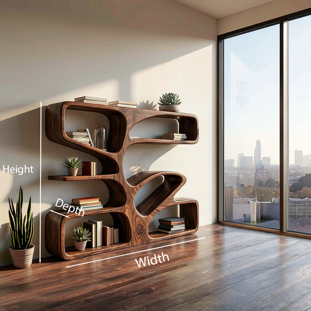 Statement Wooden Bookshelf With Sculpture Form For Home Kitchnce