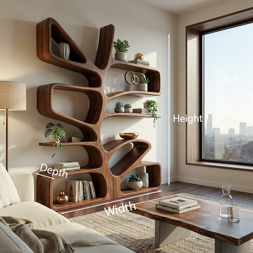 Organic Wooden Bookcase With Sculptural Form For Living Space Kitchnce