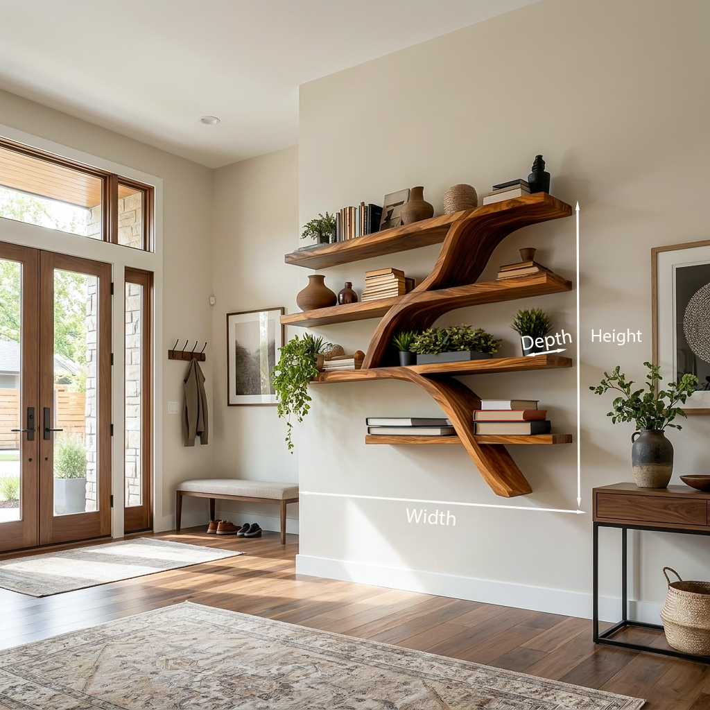 Handcrafted Wooden Wall Bookshelf With Organic Shape For Home Kitchnce