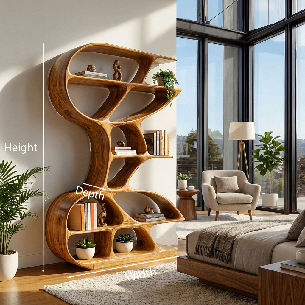 Wooden Bookshelf Unique Sculptural Design For Modern Living Room Kitchnce
