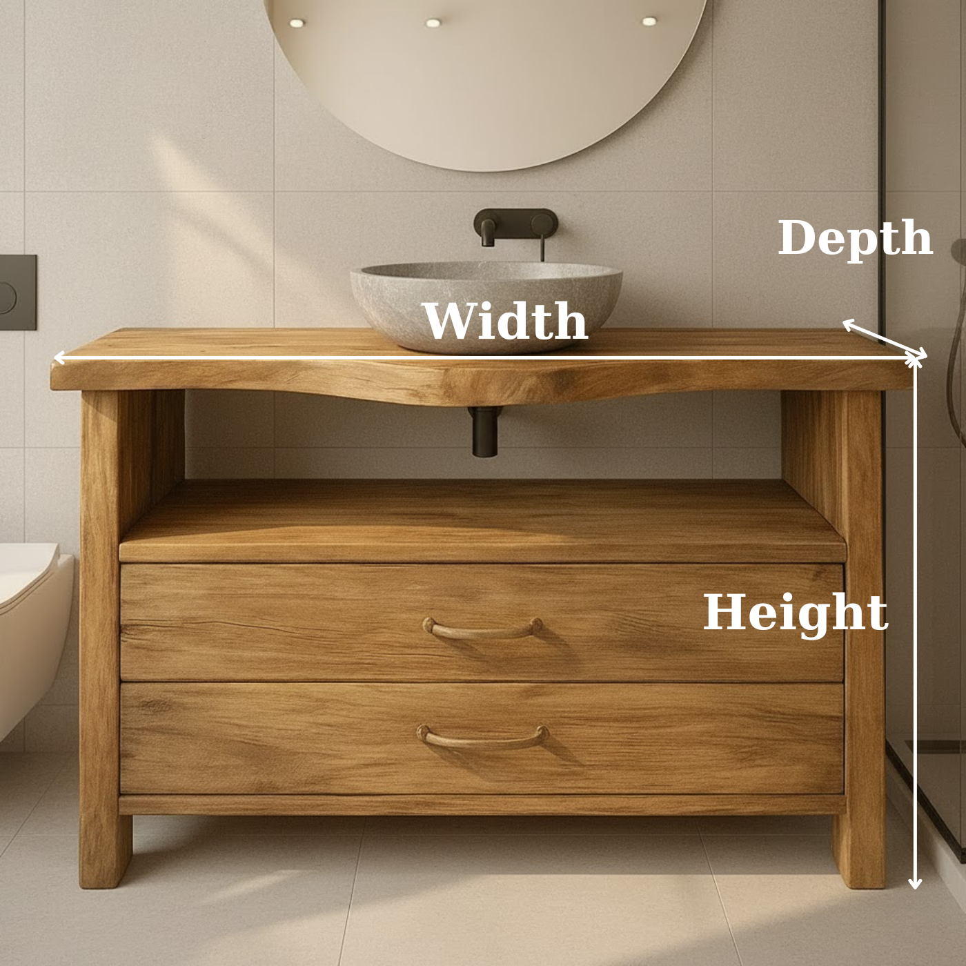 Live Edge Solid Wood Bathroom Vanity with 2 Drawers and Open Shelf for Contemporary Farmhouse Bathrooms