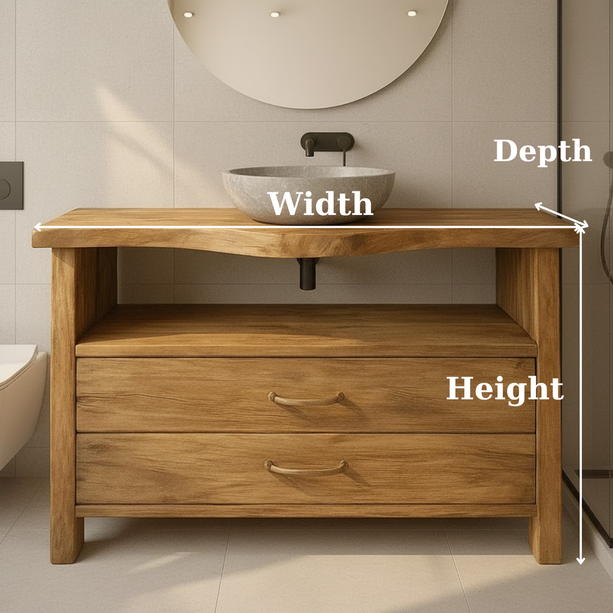 Live Edge Solid Wood Bathroom Vanity with 2 Drawers and Open Shelf for Contemporary Farmhouse Bathrooms