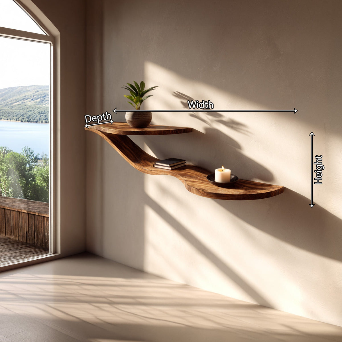 Wave-Inspired Floating Wall Shelf in Natural Wood with Dual Levels