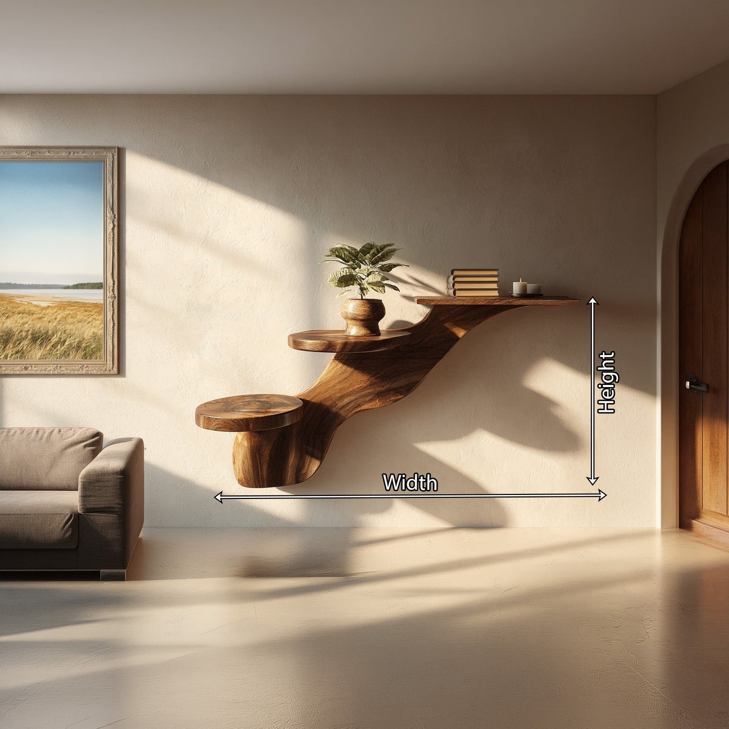 Multi-Level Sculptural Floating Wall Shelf in Natural Wood