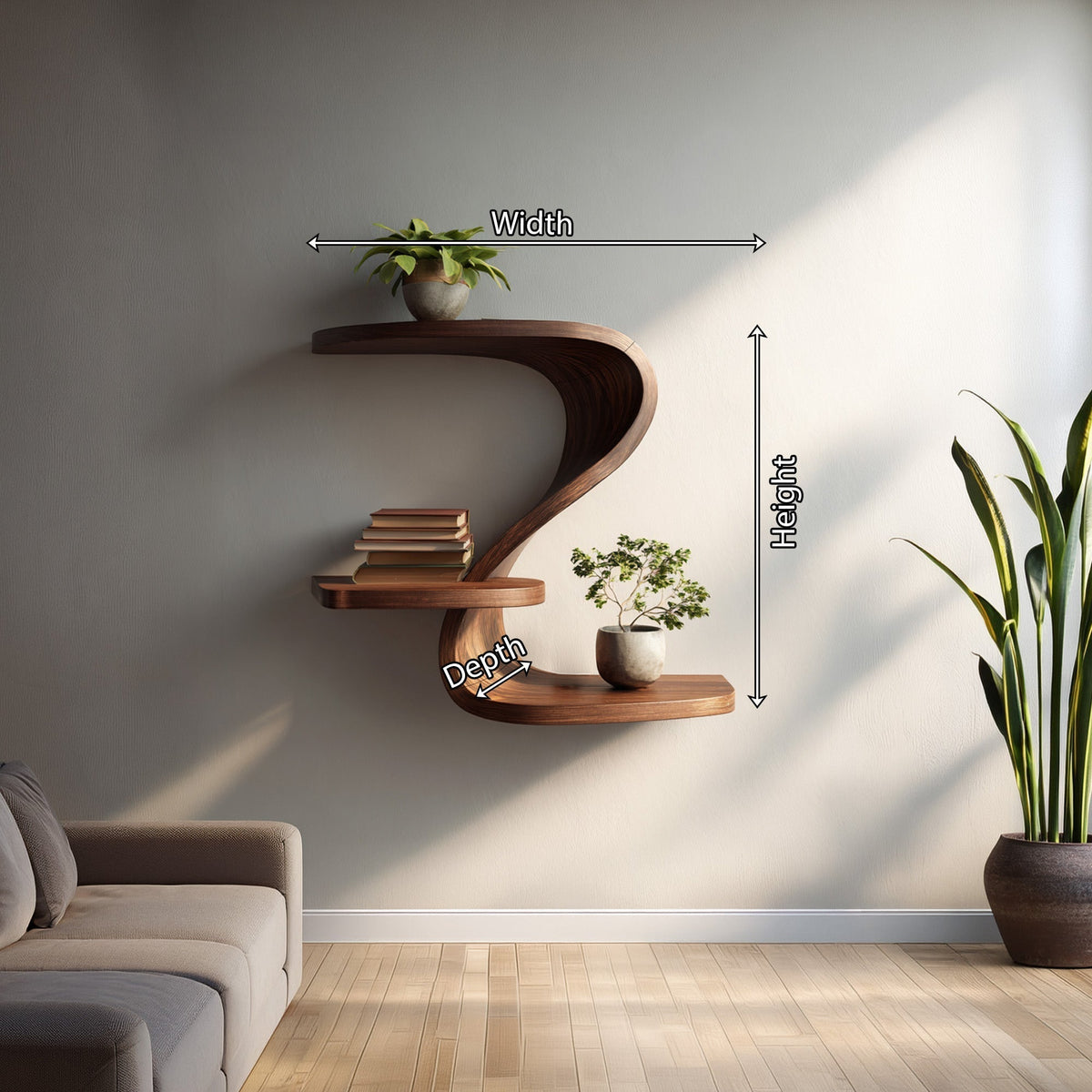 Curved S-Shaped Floating Wall Shelf with Tiered Display
