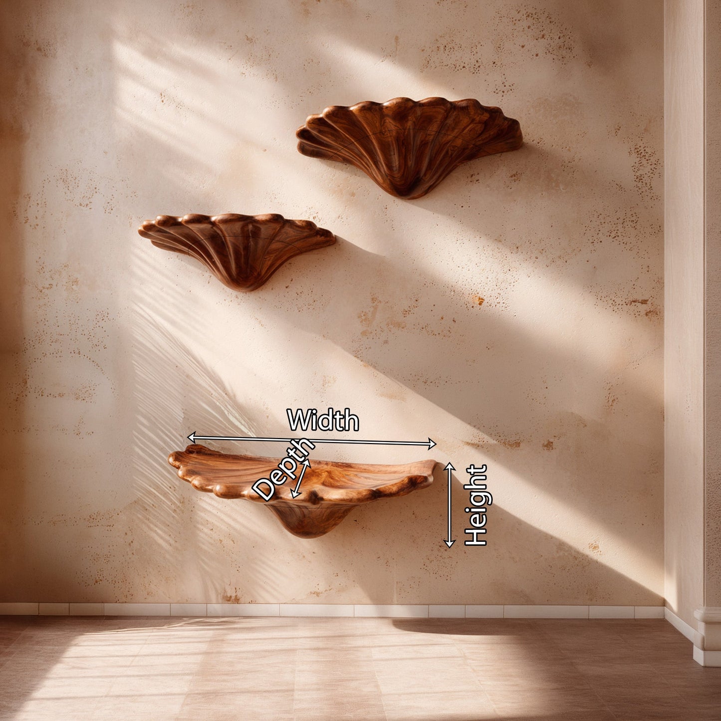 Sculptural Floating Wall Shelf Trio in Natural Wood with Organic Form