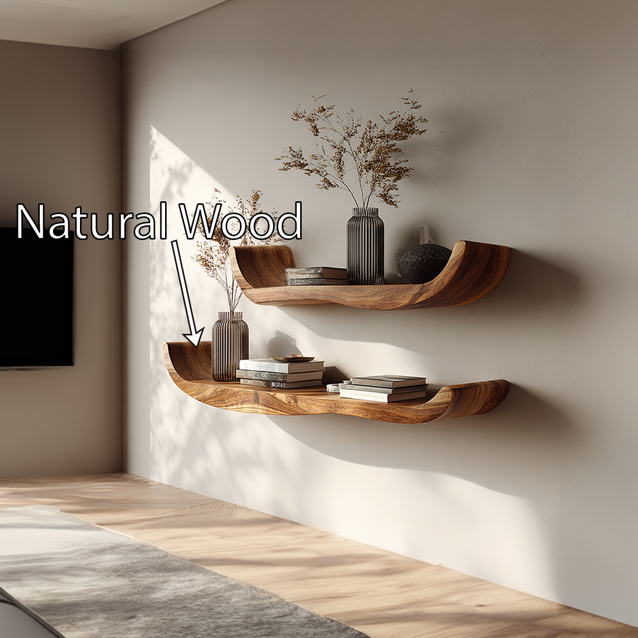 Natural Wood Floating Shelf with Soft Curved Edge Design