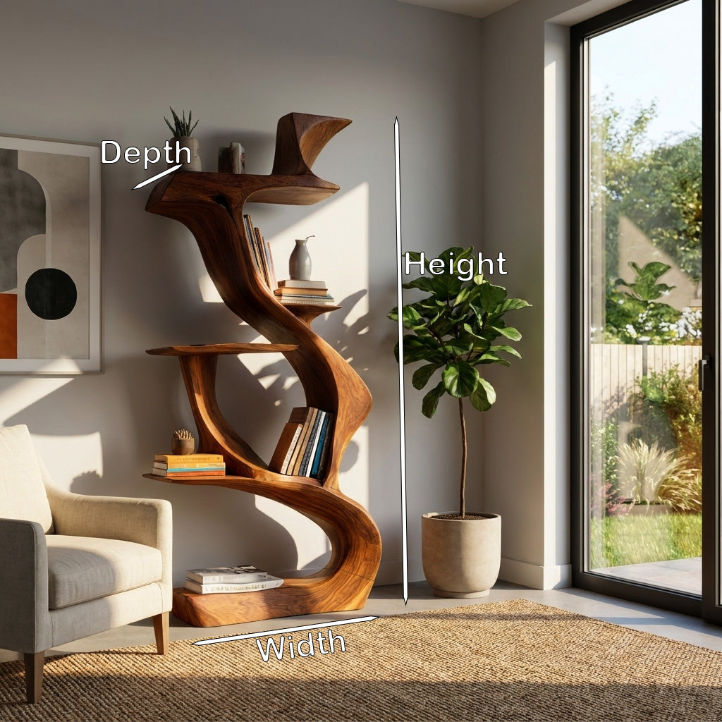 Sculptural Natural Wood Bookshelf For Living Room Kitchnce