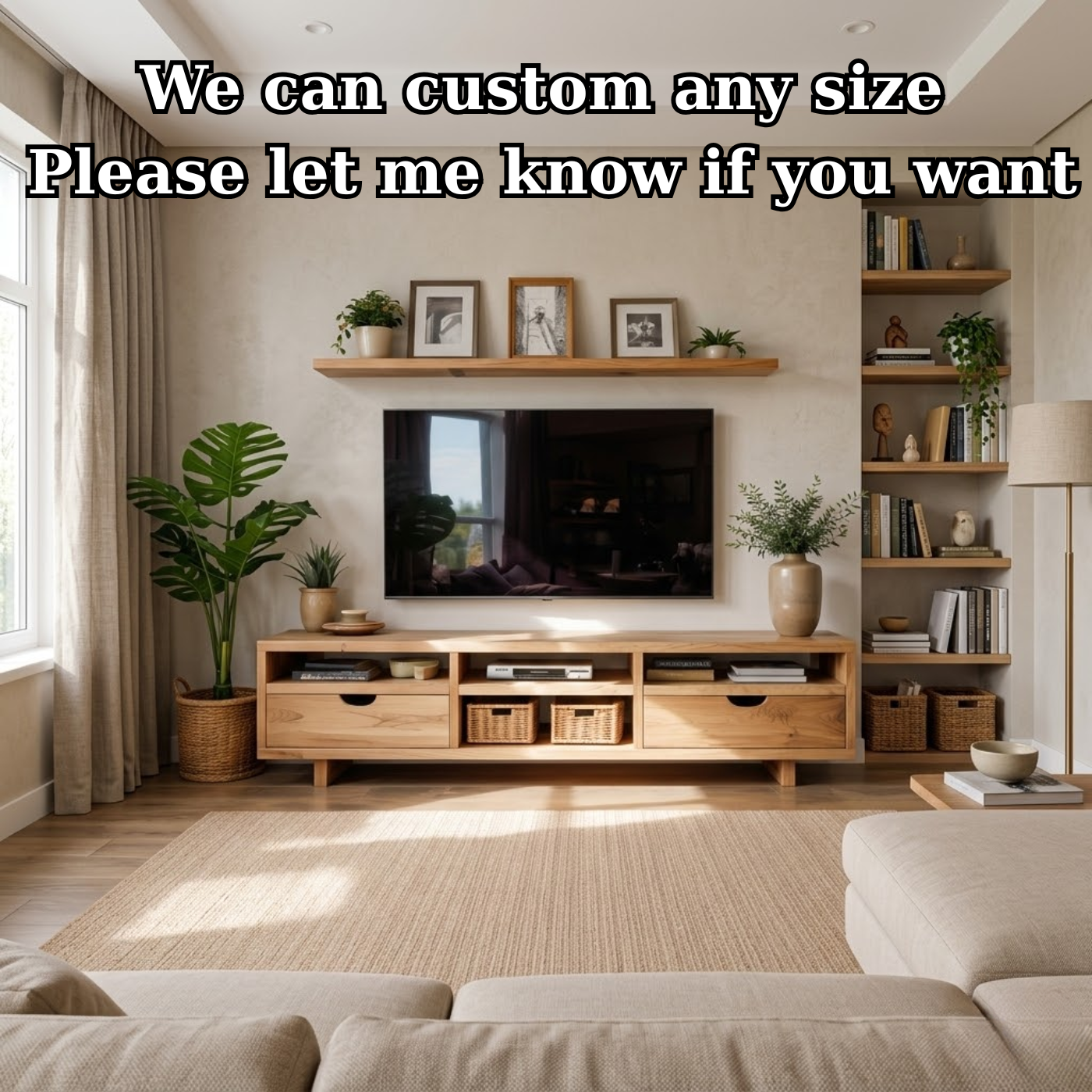 Modern Solid Wood TV Stand with Open Storage and Minimalist Drawers
