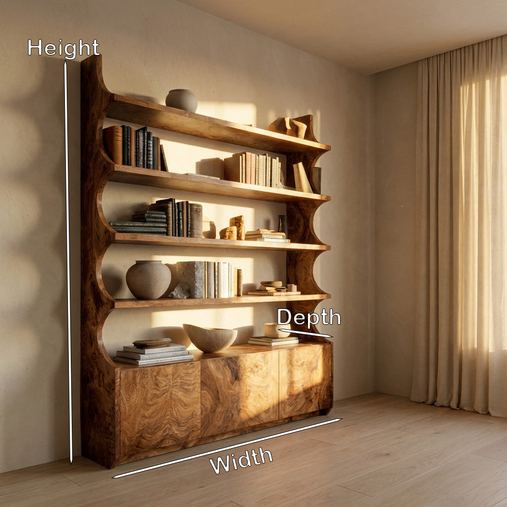 Organic Wooden Bookshelf With Curved Edges For Living Storage Kitchnce