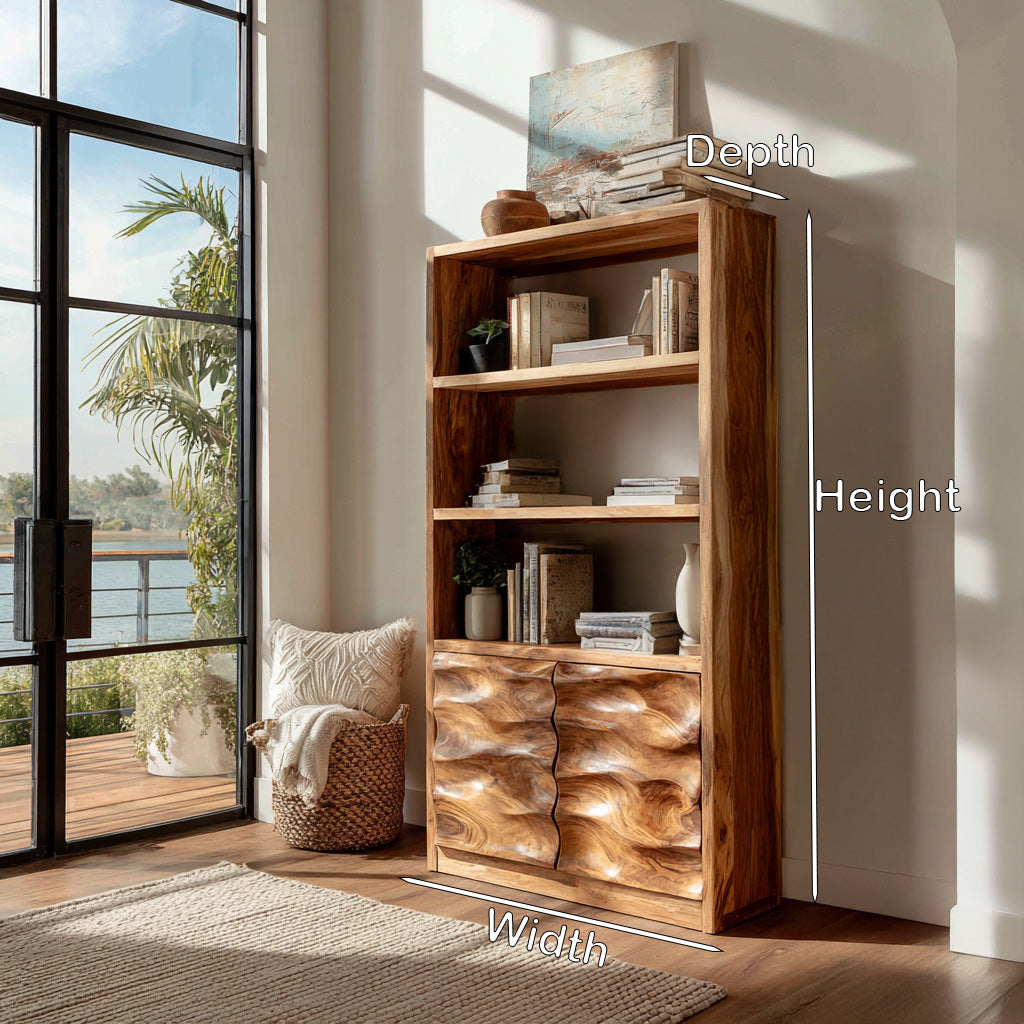 Minimal Wooden Bookshelf With Wavy Drawer Front For Home Kitchnce