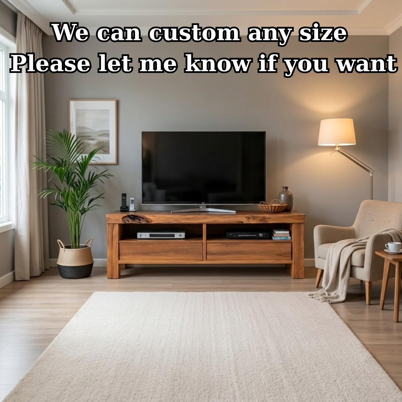 Rustic Solid Wood TV Stand with Natural Live Edge, Storage Drawers and Open Shelves