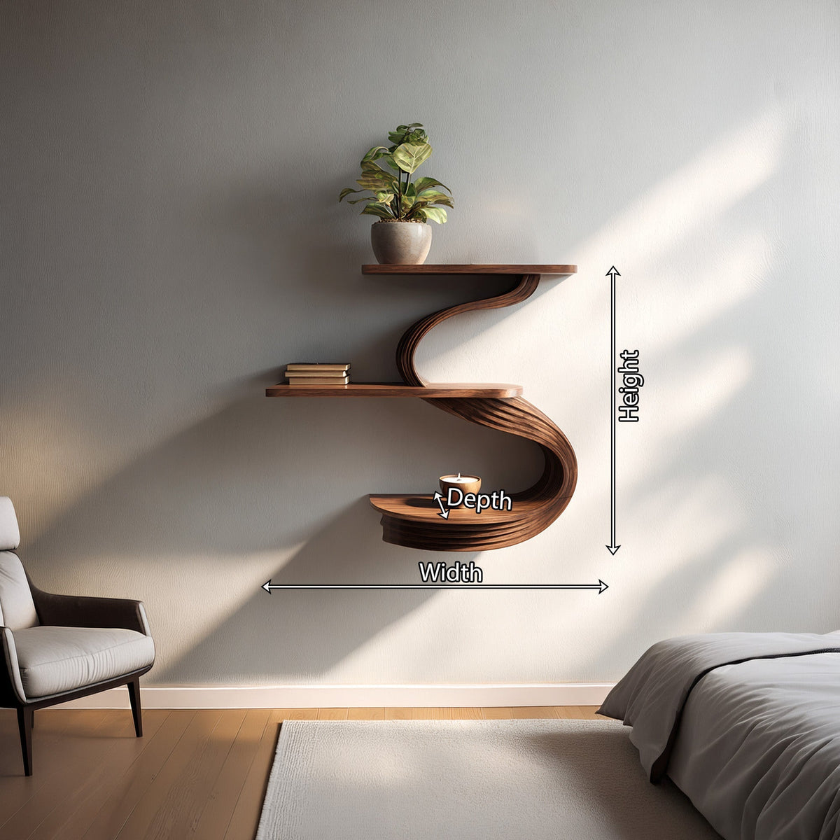 Three-Tier S-Shaped Floating Wall Shelf in Natural Wood