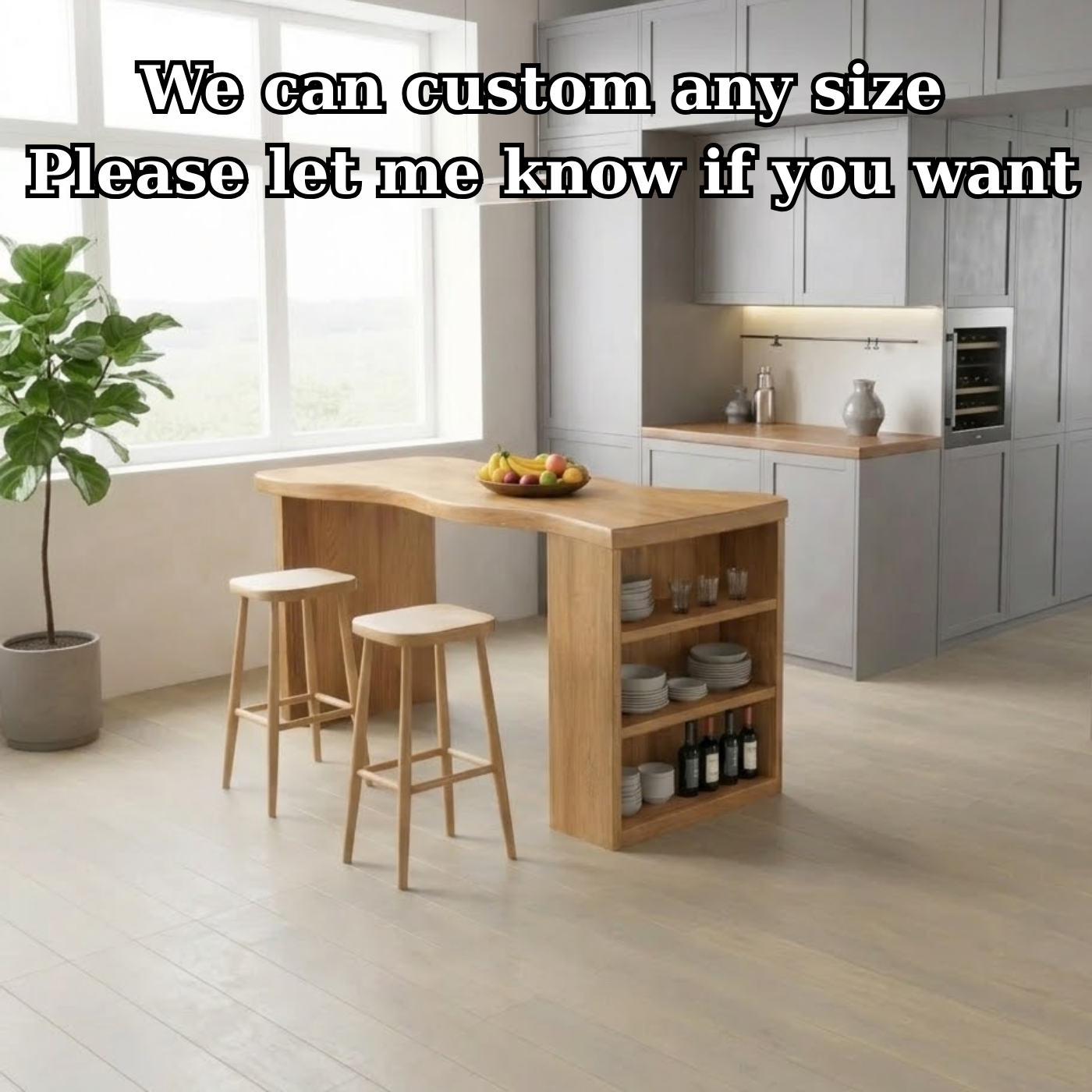 Solid Wood Kitchen Island with Curved Edge Top and Open Shelf Storage Breakfast Bar