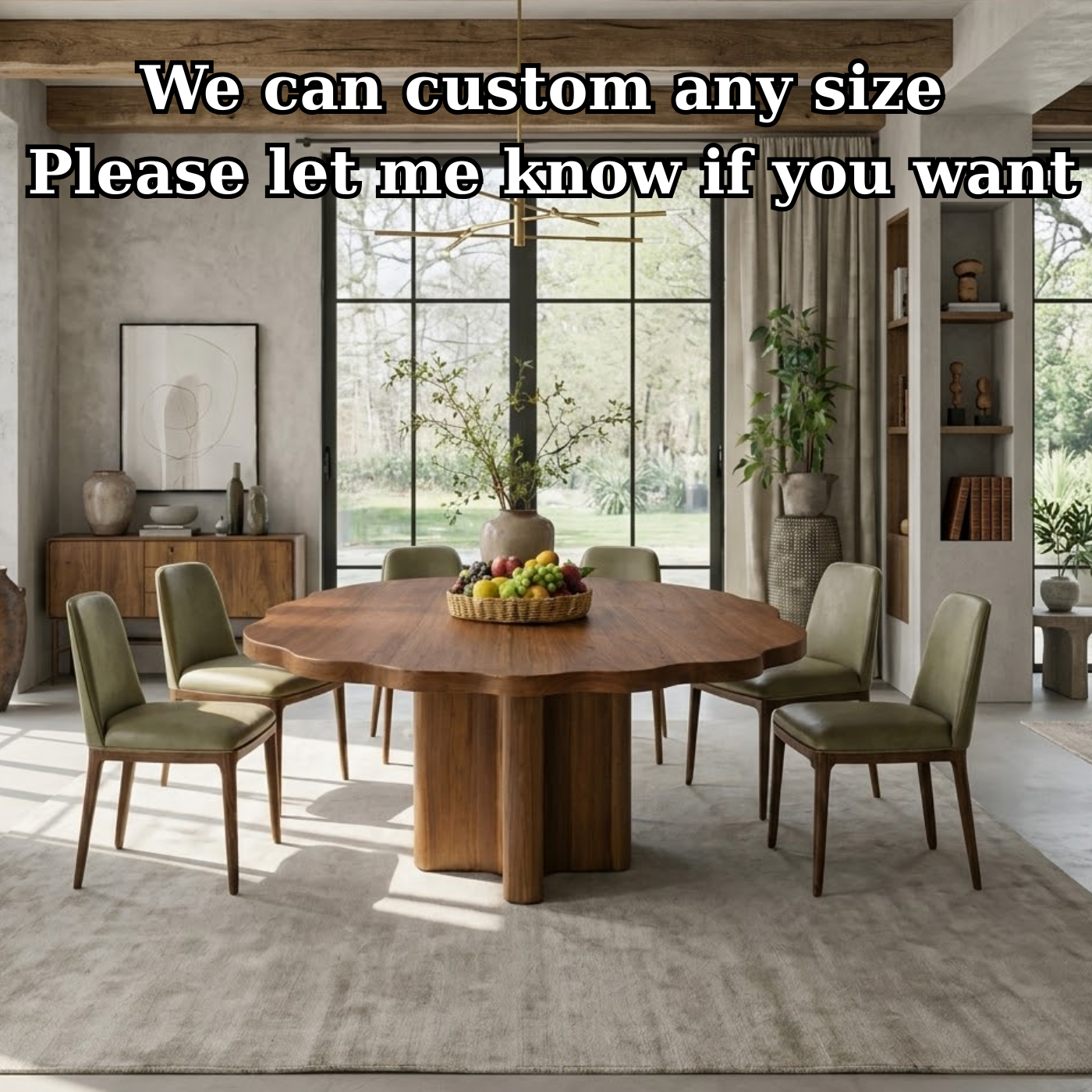 Round Solid Wood Dining Table with Sculptural Pedestal Base Modern Rustic Table