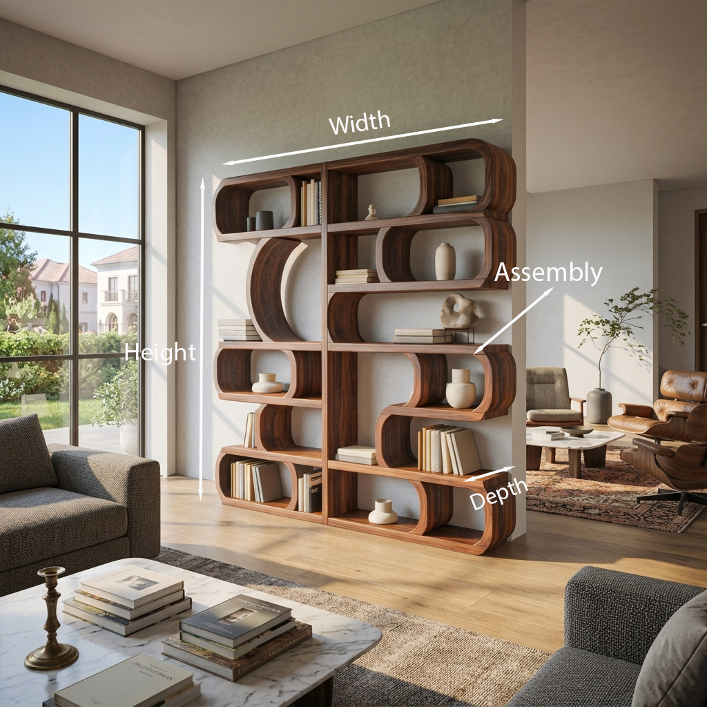 Modern Sculptural Bookshelf With Symmetrical Curves For Living Room Or Office Kitchnce
