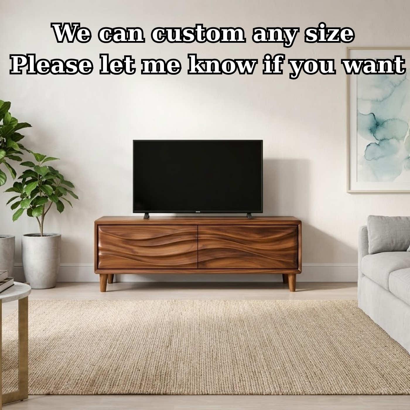 Solid Wood TV Stand for Modern Living Room with Wave Textured Front