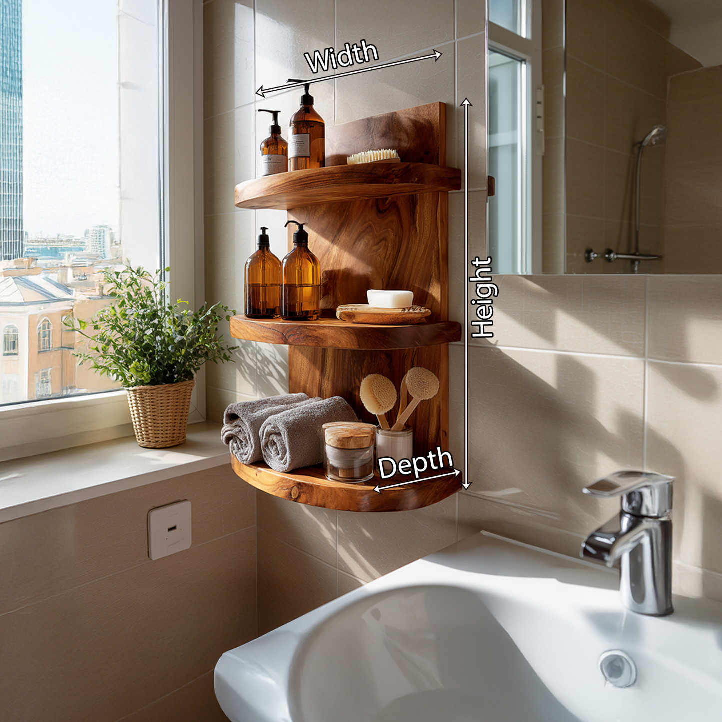 Sculptural Bathroom Shelf with Rounded Storage Compartments and Rail