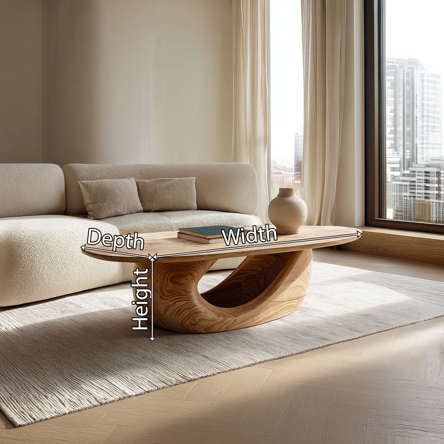 Sculptural Oval Coffee Table with Curved Base in Natural Wood