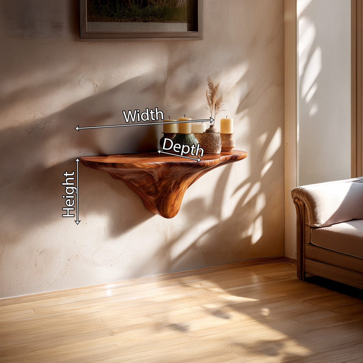 Sculptural Floating Wall Shelf in Natural Wood with Organic Form